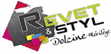 REVET & STYL Dolcine Mérilège : Style et Revêtements Logo REVET & STYL Dolcine Mérilège, texte vert lime et noir avec motifs géométriques et carrés colorés.